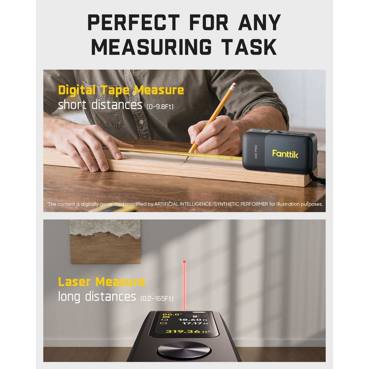 2-in-1 Digital Laser Tape Measure – 165FT Range