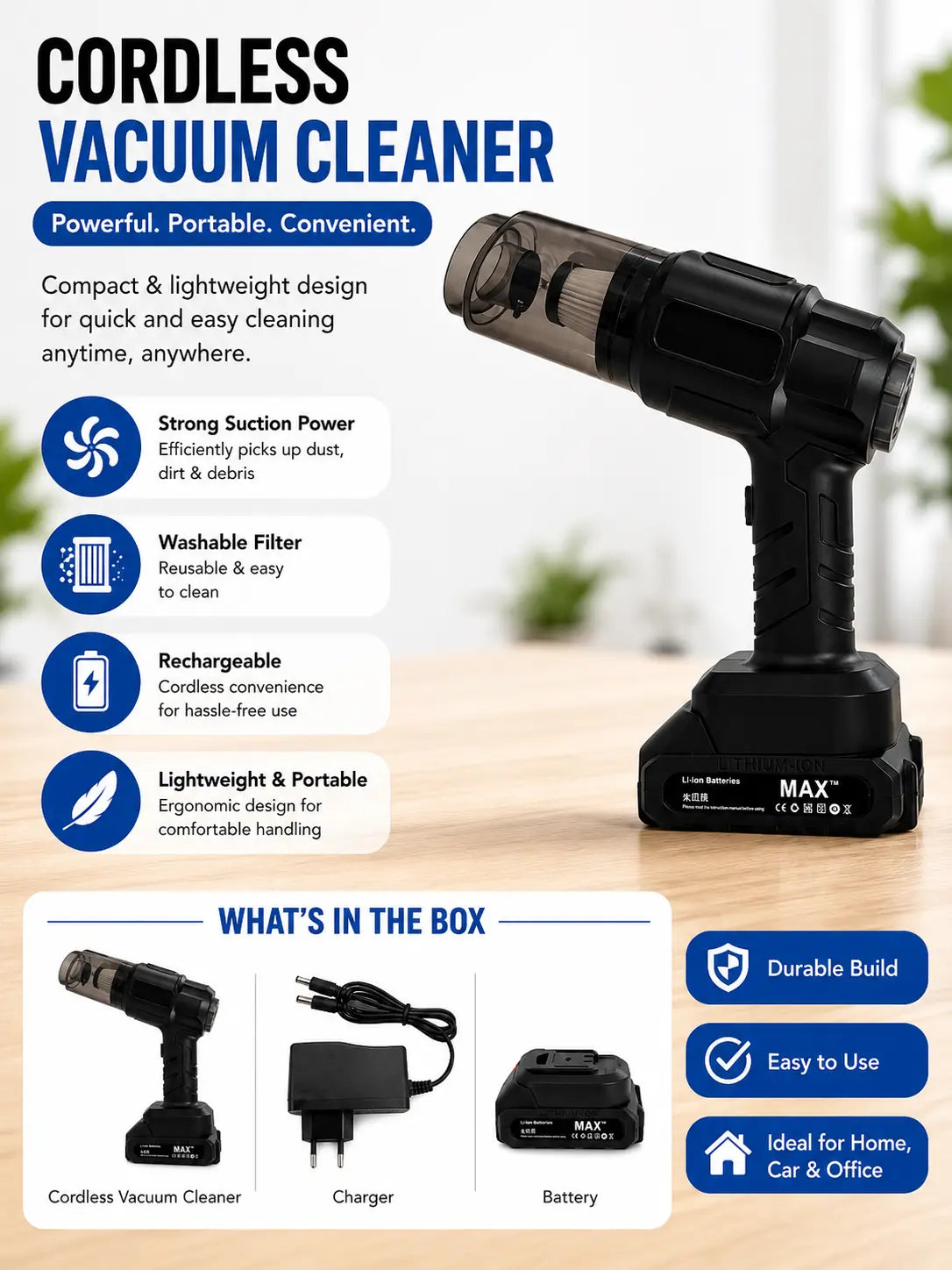 Maxtop MP-251 Cordless Handheld Vacuum Cleaner for Car and Home with Attachments