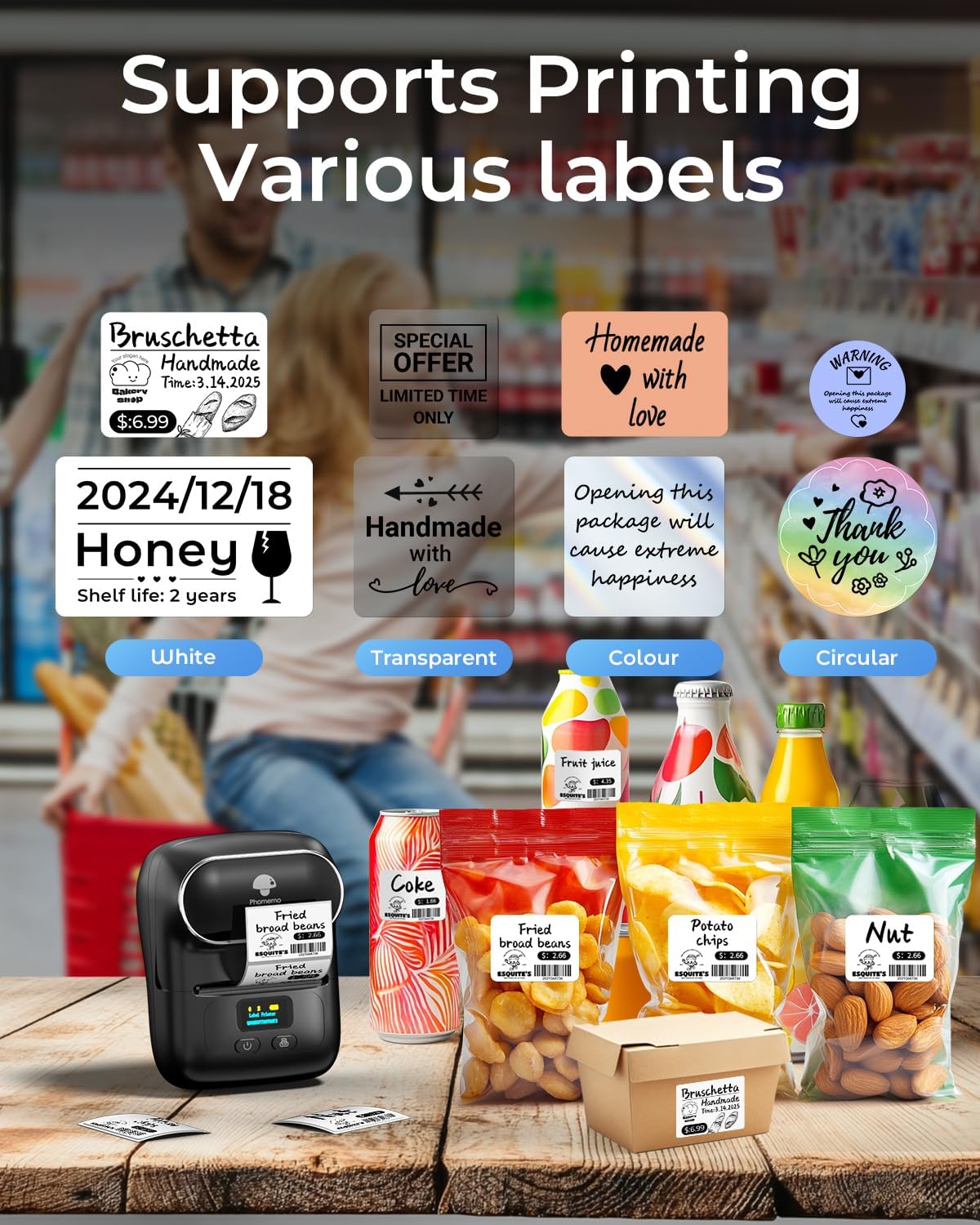 Phomemo M110 Label Makers - Barcode Label Printer Bluetooth Label Maker Portable Thermal Printer for Small Business, Address, Barcode, Logo, Clothing, Mailing, Sticker Printers for Phones & PC, Black, Standard Printer with 3 rolls label
