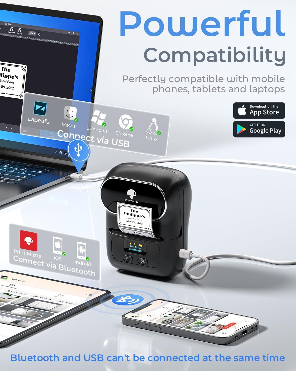 Phomemo M110 Label Makers - Barcode Label Printer Bluetooth Label Maker Portable Thermal Printer for Small Business, Address, Barcode, Logo, Clothing, Mailing, Sticker Printers for Phones & PC, Black, Standard Printer with 3 rolls label