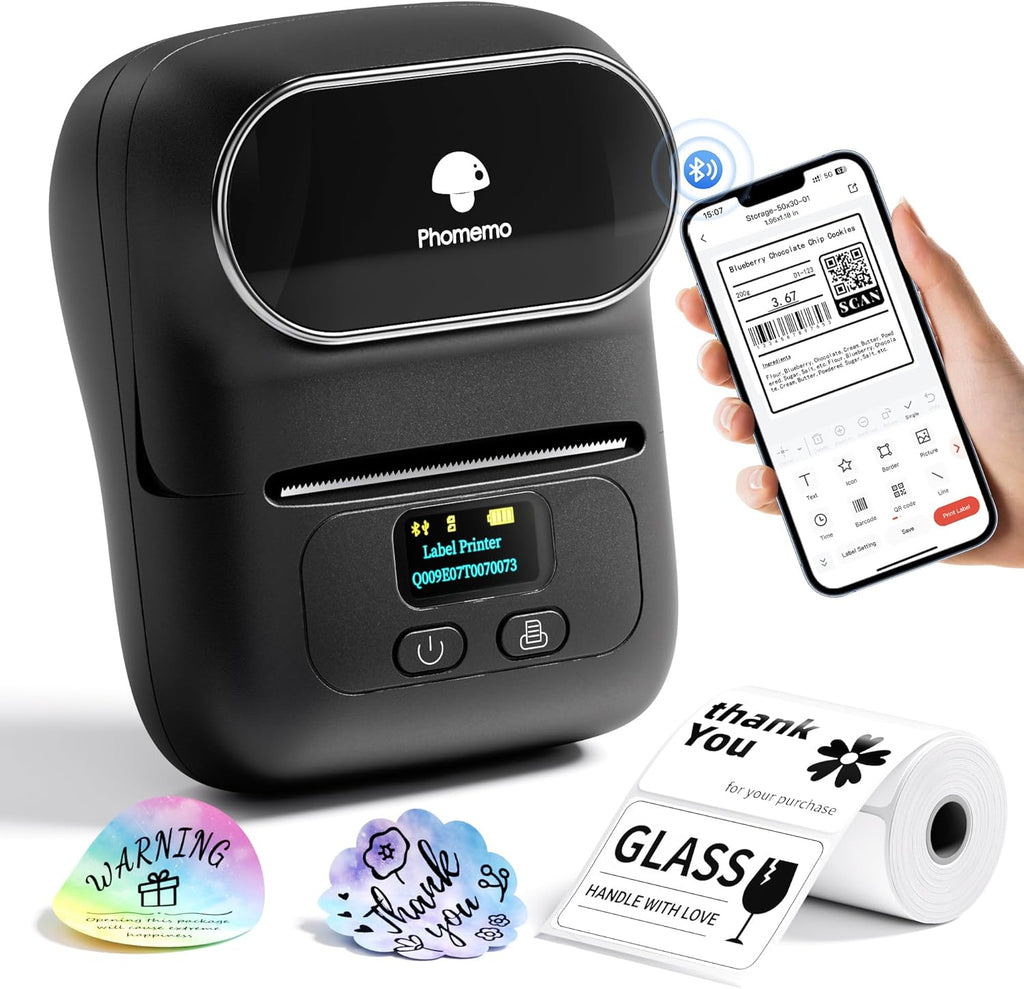 Phomemo M110 Label Makers - Barcode Label Printer Bluetooth Label Maker Portable Thermal Printer for Small Business, Address, Barcode, Logo, Clothing, Mailing, Sticker Printers for Phones & PC, Black, Standard Printer with 3 rolls label