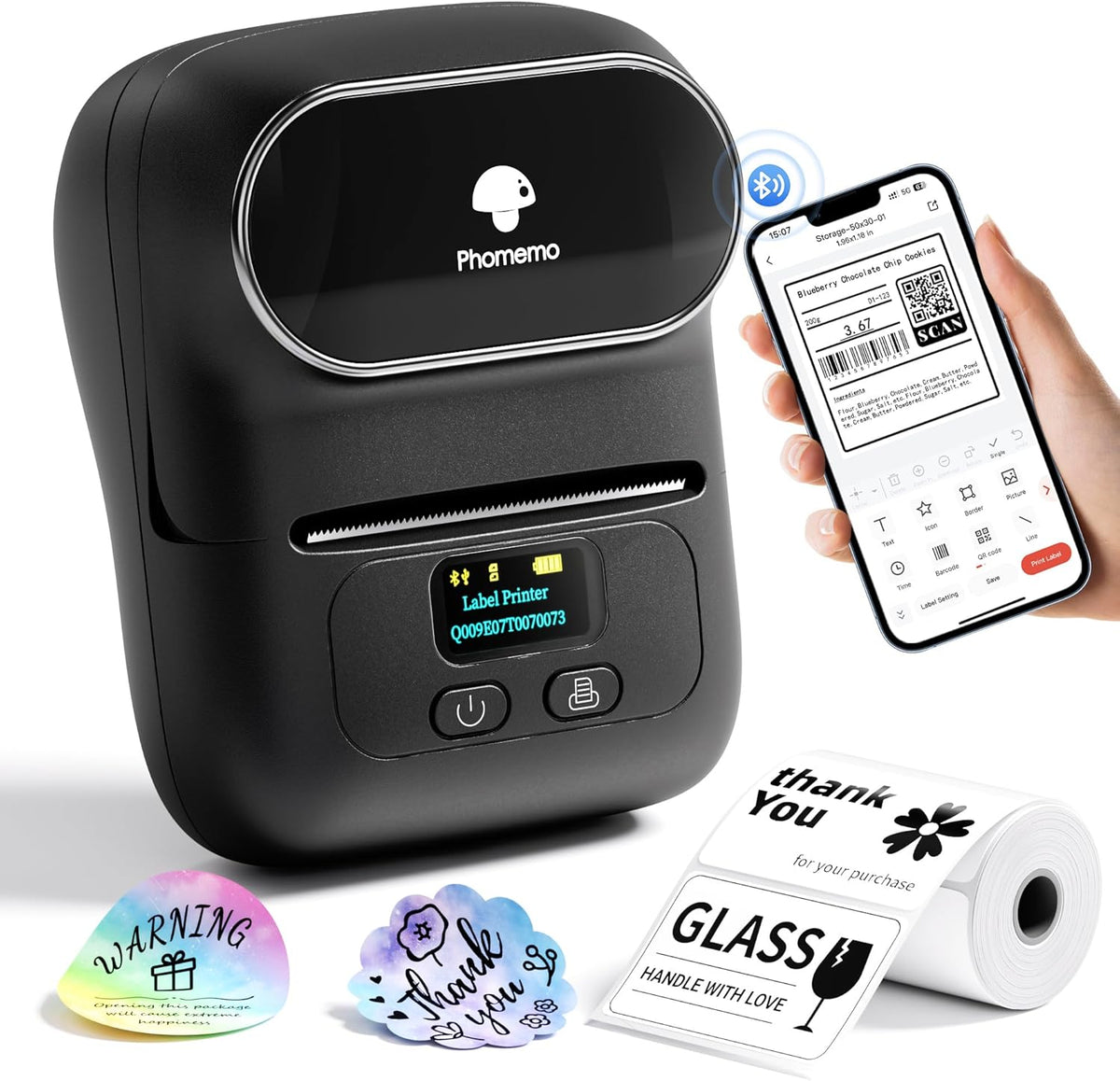 Phomemo M110 Label Makers - Barcode Label Printer Bluetooth Label Maker Portable Thermal Printer for Small Business, Address, Barcode, Logo, Clothing, Mailing, Sticker Printers for Phones & PC, Black, Standard Printer with 3 rolls label