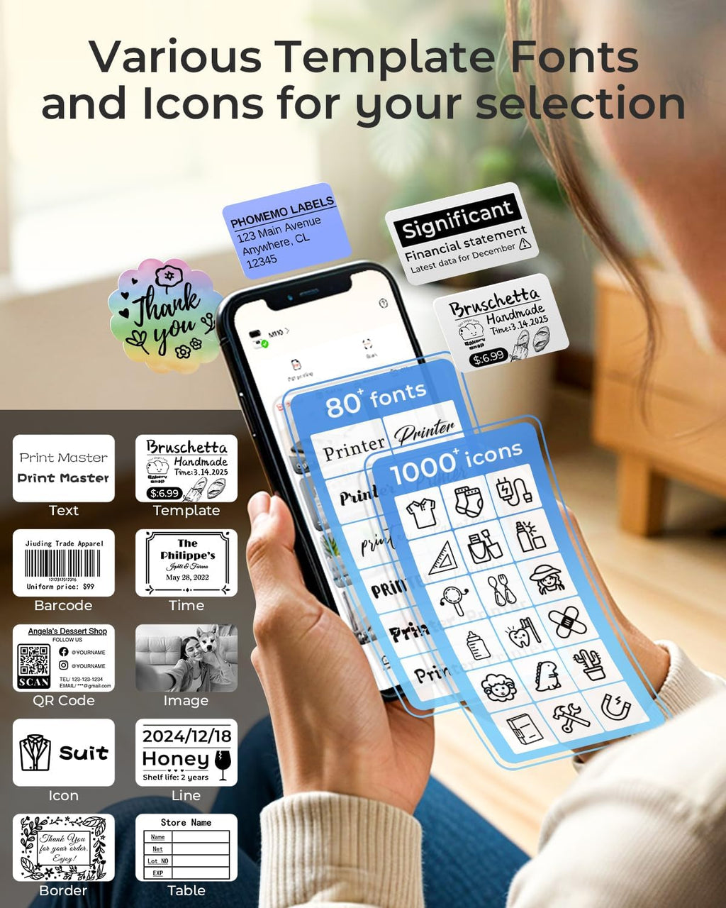 Phomemo M110 Label Makers - Barcode Label Printer Bluetooth Label Maker Portable Thermal Printer for Small Business, Address, Barcode, Logo, Clothing, Mailing, Sticker Printers for Phones & PC, Black, Standard Printer with 3 rolls label