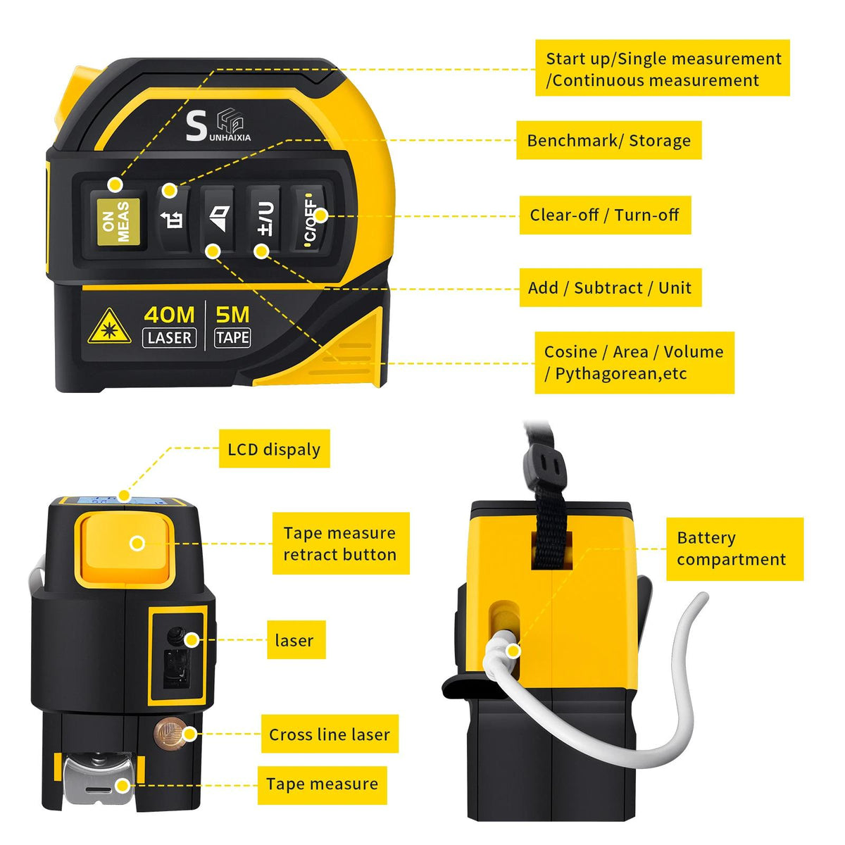 3-in-1 Laser Distance Meter & Steel Tape Measure
